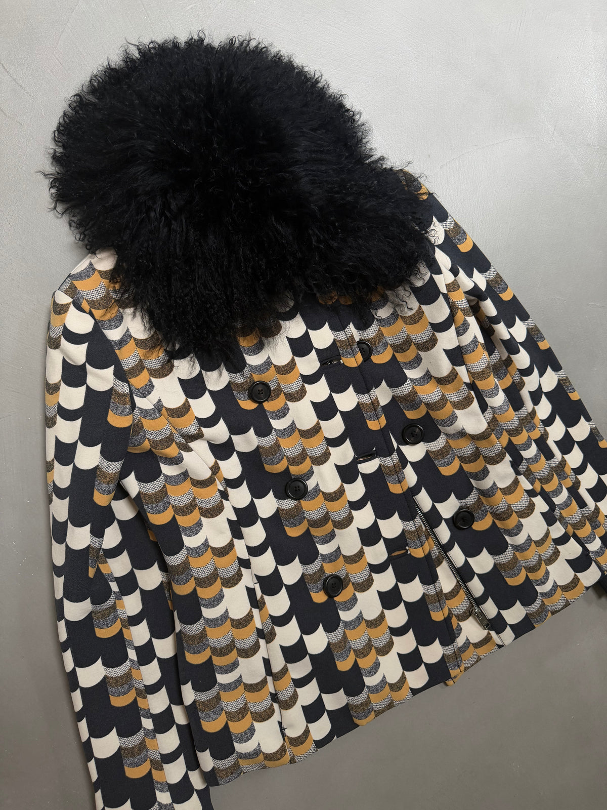 Prada AW14 Geometric Double Breasted Jacket With Shearling Collar - XS