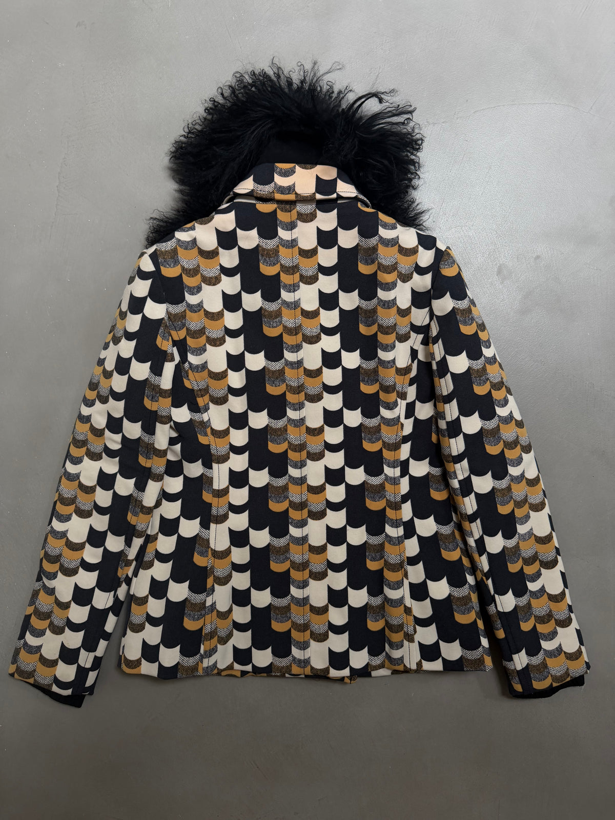Prada AW14 Geometric Double Breasted Jacket With Shearling Collar - XS