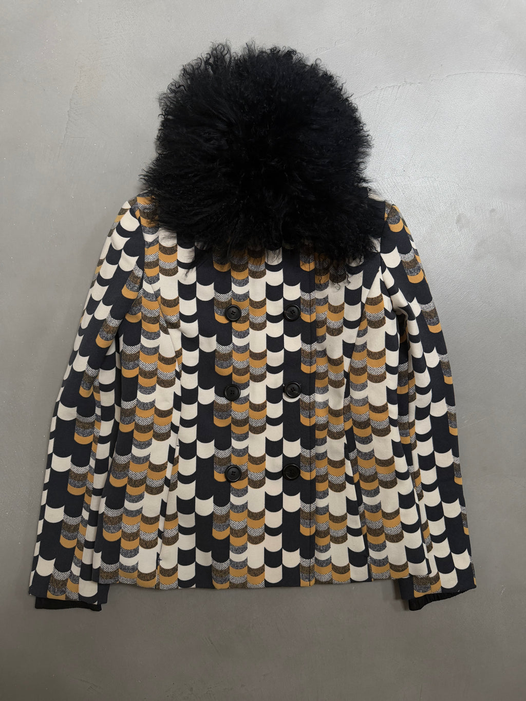 Prada AW14 Geometric Double Breasted Jacket With Shearling Collar - XS