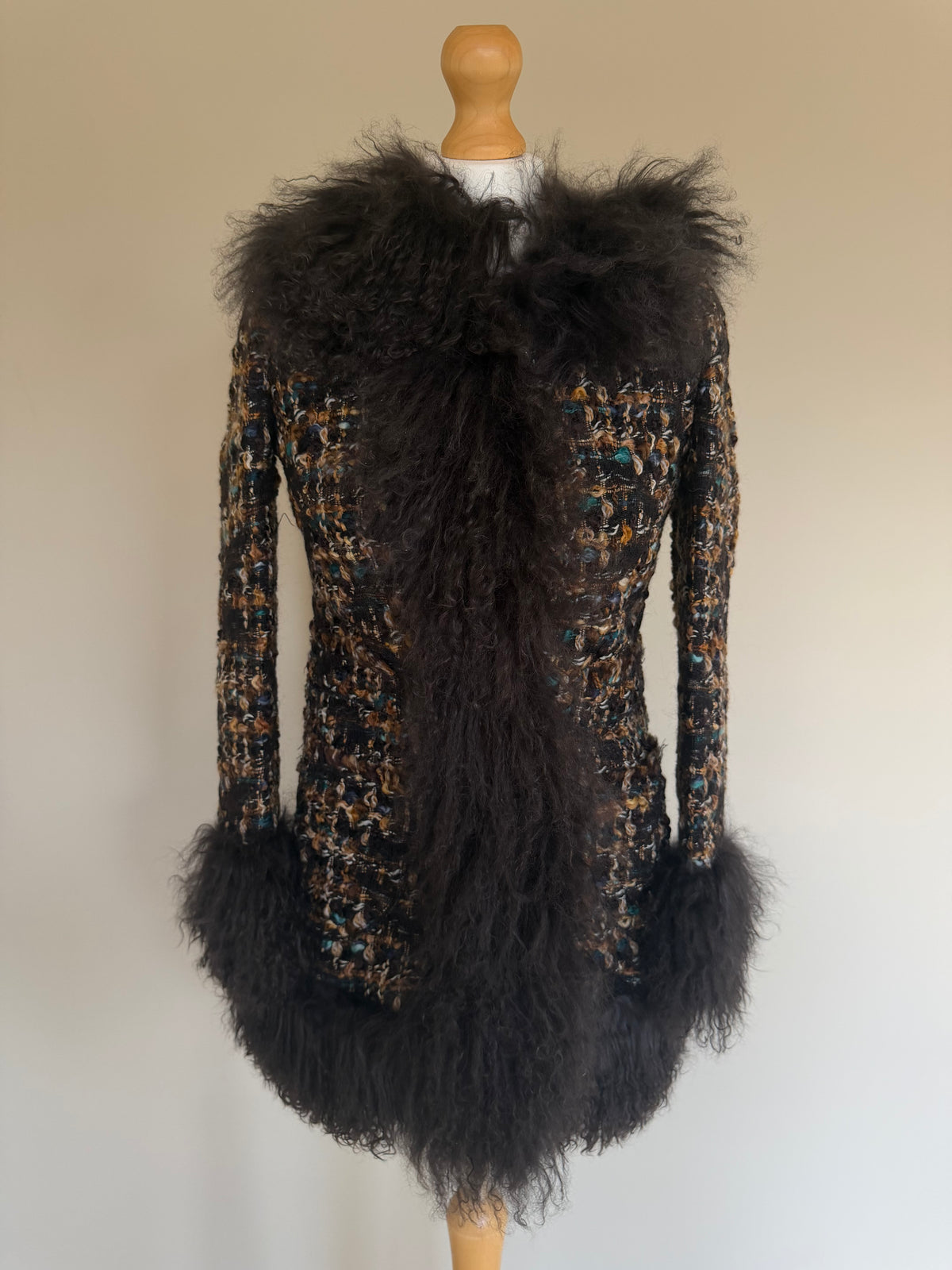 Dolce & Gabbana AW04 Longline Bouclé Tweed Coat with Full Mongolian Shearling Trim - XS