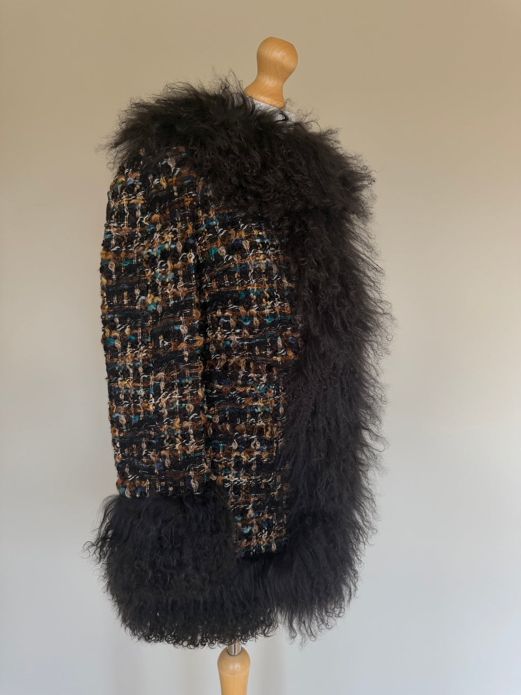 Dolce & Gabbana AW04 Longline Bouclé Tweed Coat with Full Mongolian Shearling Trim - XS