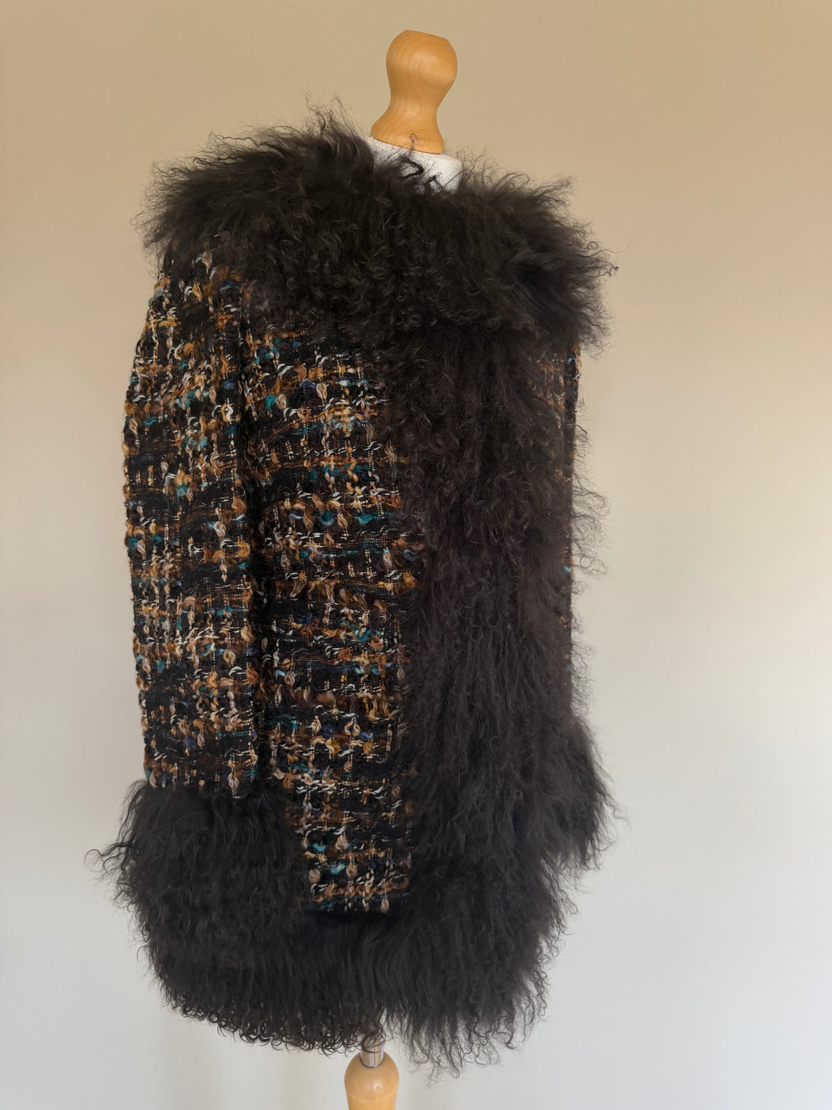 Dolce & Gabbana AW04 Longline Bouclé Tweed Coat with Full Mongolian Shearling Trim - XS