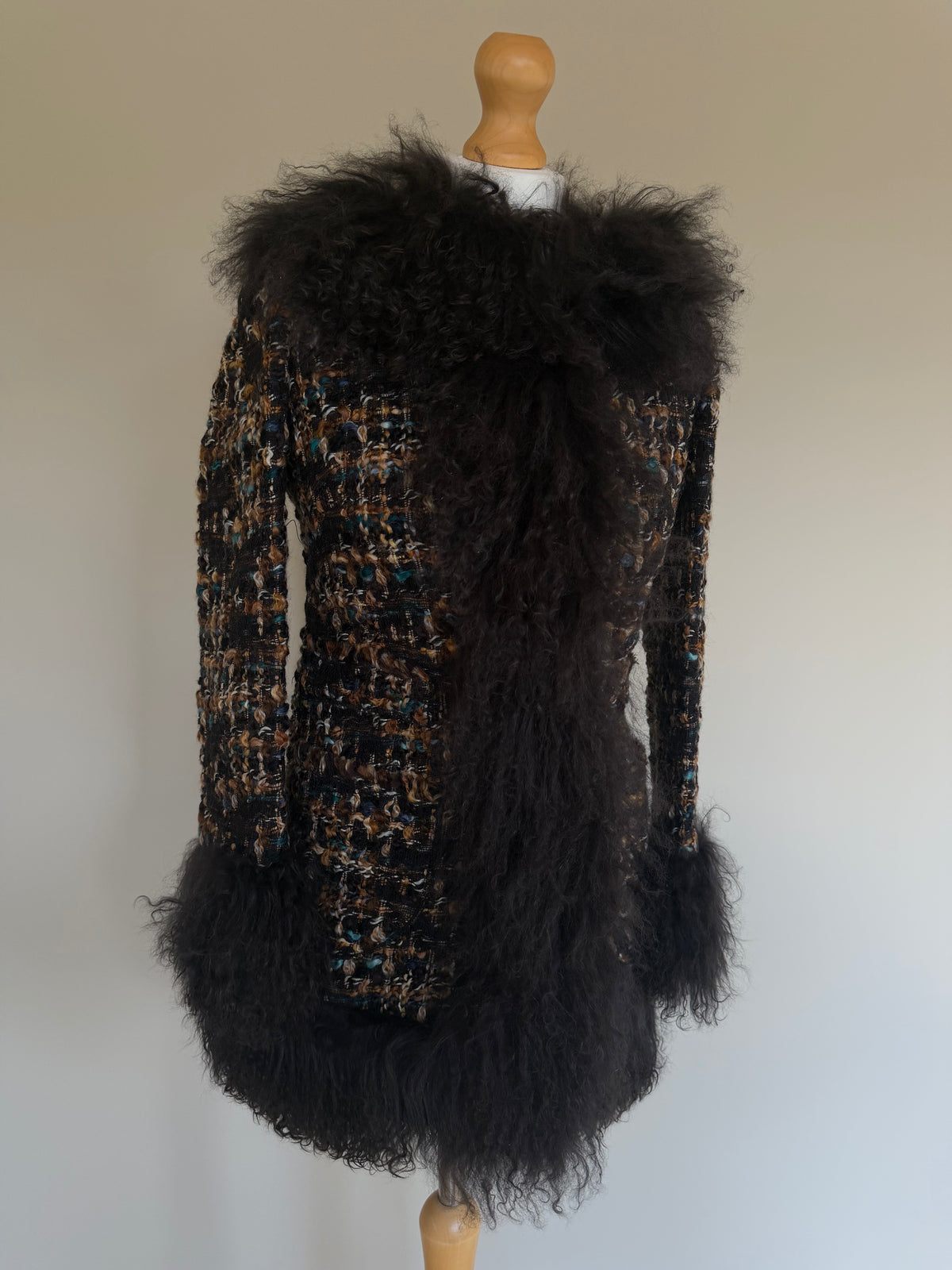 Dolce & Gabbana AW04 Longline Bouclé Tweed Coat with Full Mongolian Shearling Trim - XS