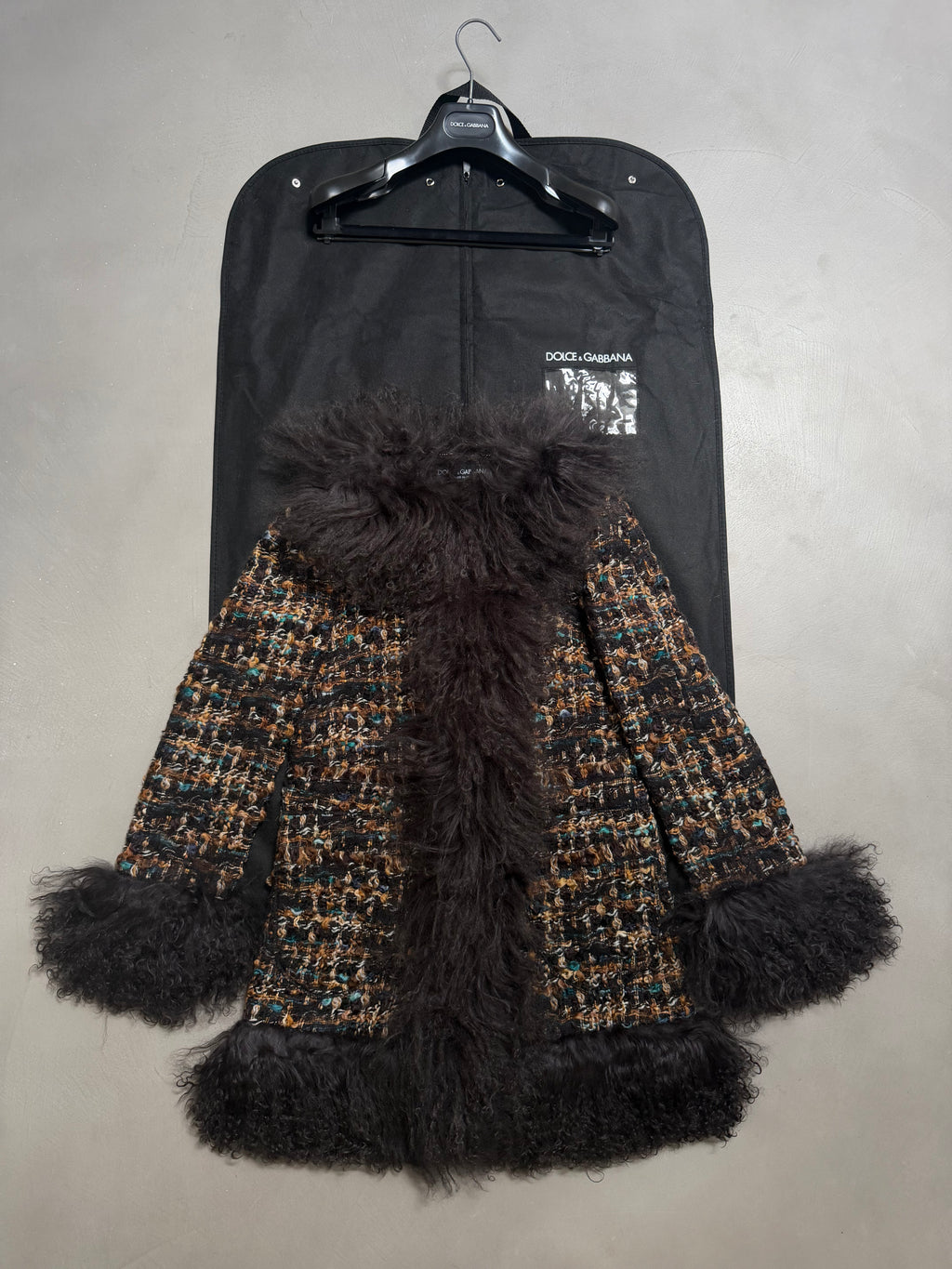 Dolce & Gabbana AW04 Longline Bouclé Tweed Coat with Full Mongolian Shearling Trim - XS