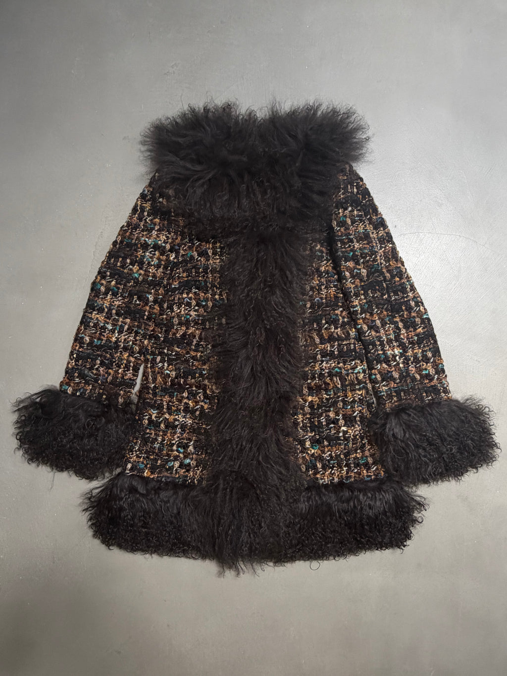 Dolce & Gabbana AW04 Longline Bouclé Tweed Coat with Full Mongolian Shearling Trim - XS