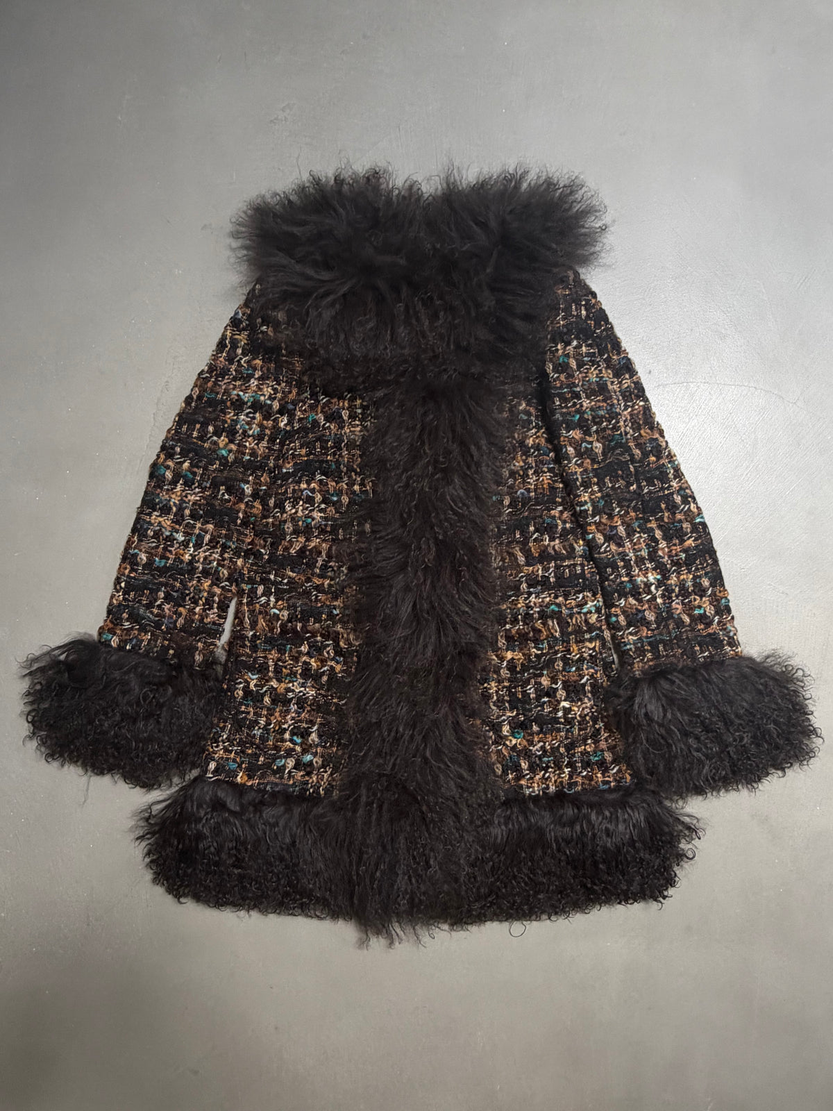 Dolce & Gabbana AW04 Longline Bouclé Tweed Coat with Full Mongolian Shearling Trim - XS