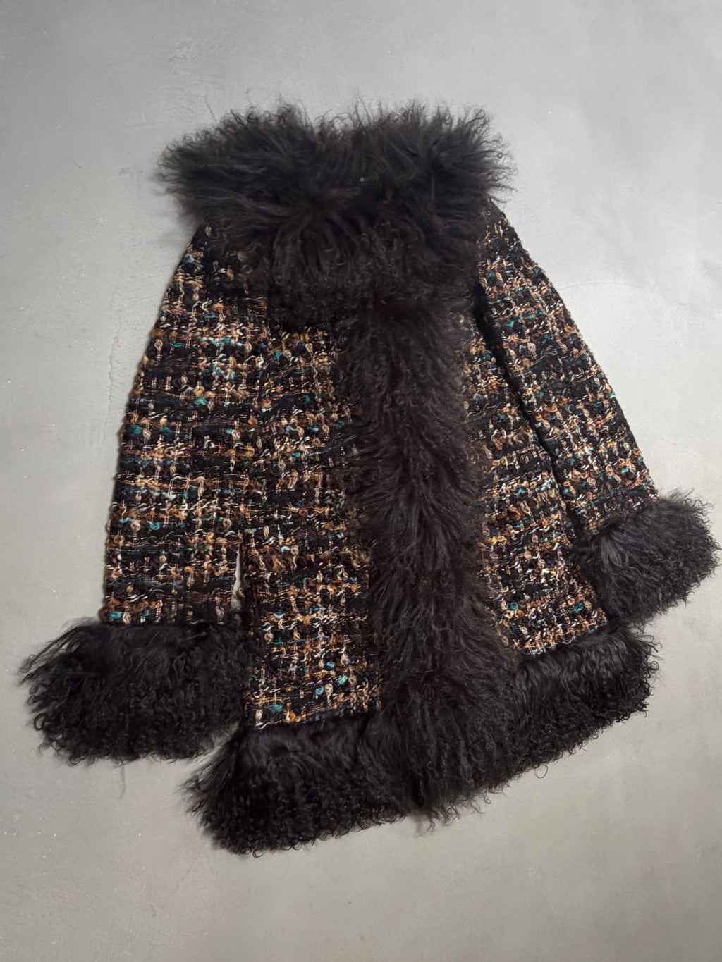 Dolce & Gabbana AW04 Longline Bouclé Tweed Coat with Full Mongolian Shearling Trim - XS