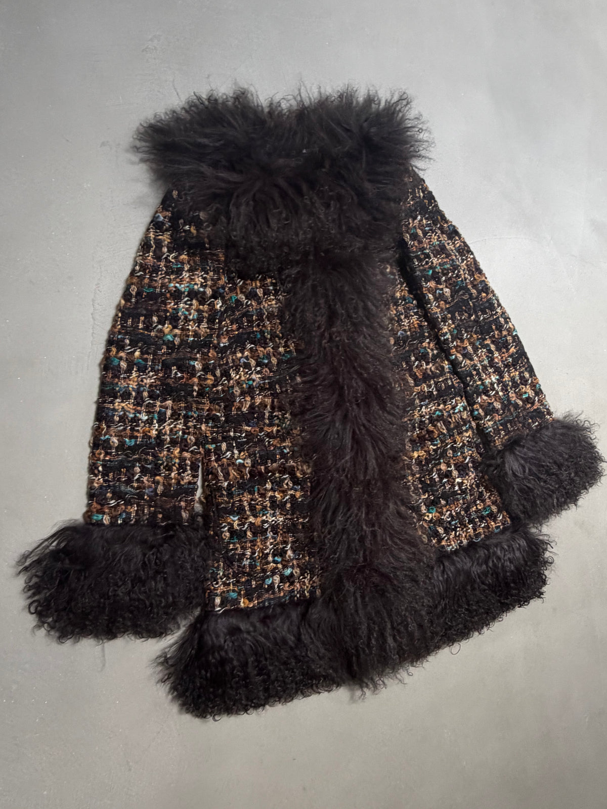 Dolce & Gabbana AW04 Longline Bouclé Tweed Coat with Full Mongolian Shearling Trim - XS