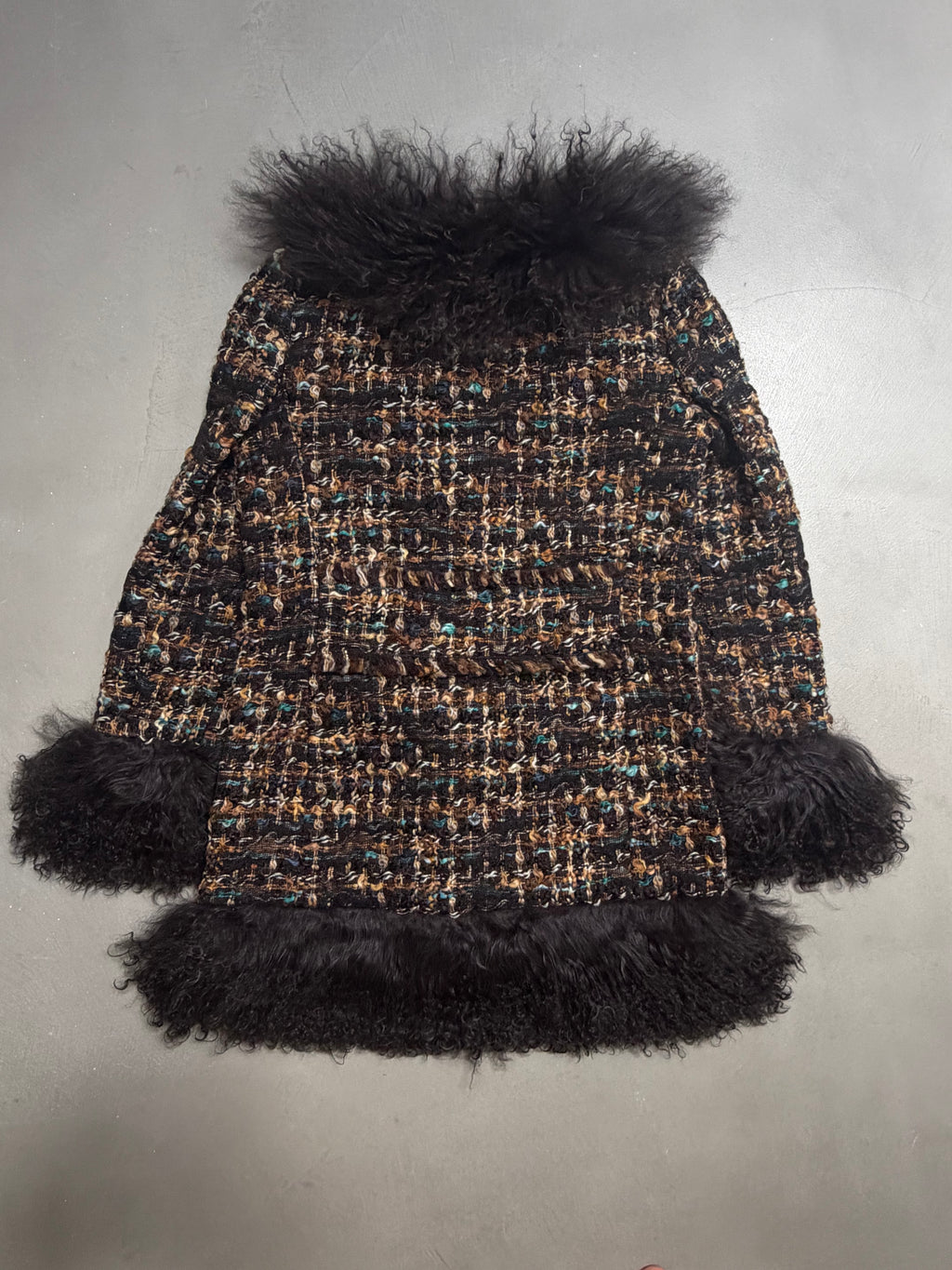 Dolce & Gabbana AW04 Longline Bouclé Tweed Coat with Full Mongolian Shearling Trim - XS