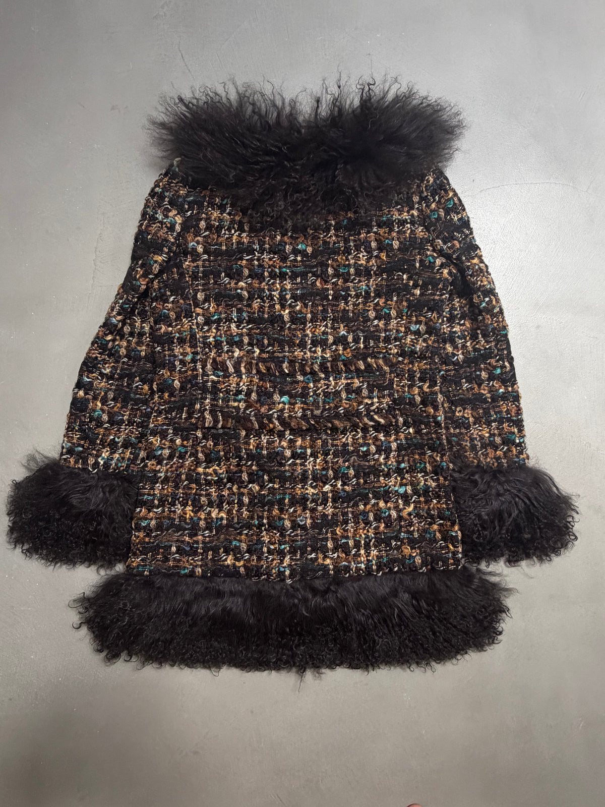 Dolce & Gabbana AW04 Longline Bouclé Tweed Coat with Full Mongolian Shearling Trim - XS