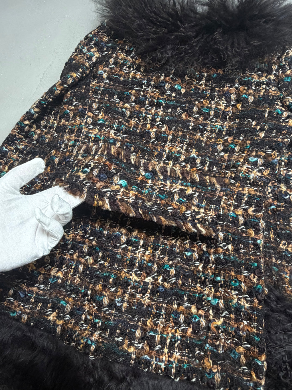 Dolce & Gabbana AW04 Longline Bouclé Tweed Coat with Full Mongolian Shearling Trim - XS