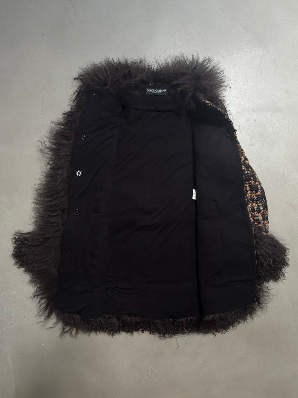Dolce & Gabbana AW04 Longline Bouclé Tweed Coat with Full Mongolian Shearling Trim - XS