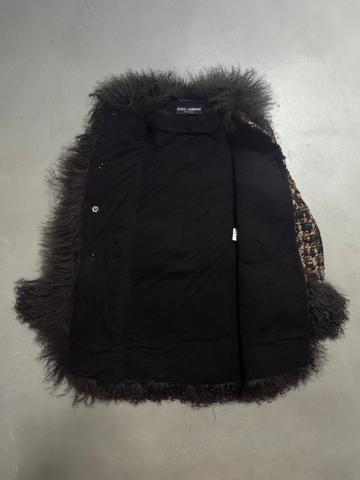 Dolce & Gabbana AW04 Longline Bouclé Tweed Coat with Full Mongolian Shearling Trim - XS