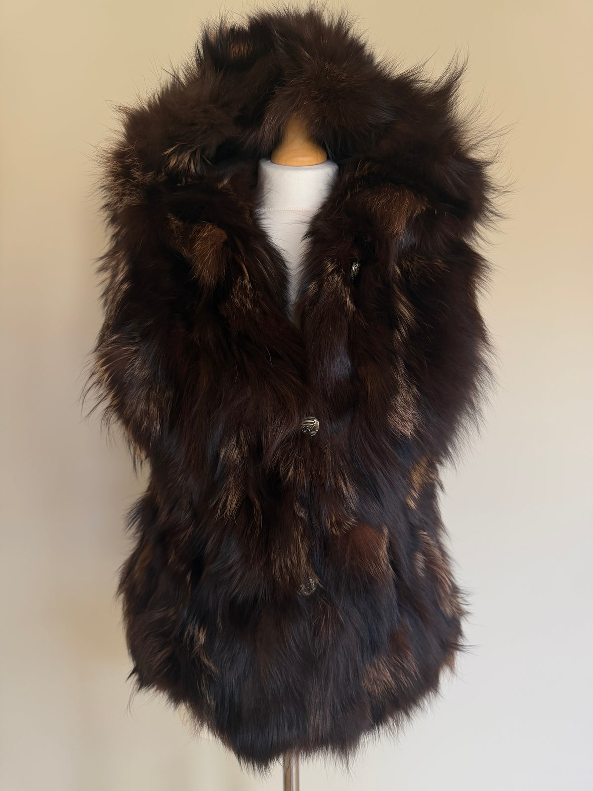 Luka-Pelli Hooded Long Fox Fur Vest Sleeveless Jacket - M