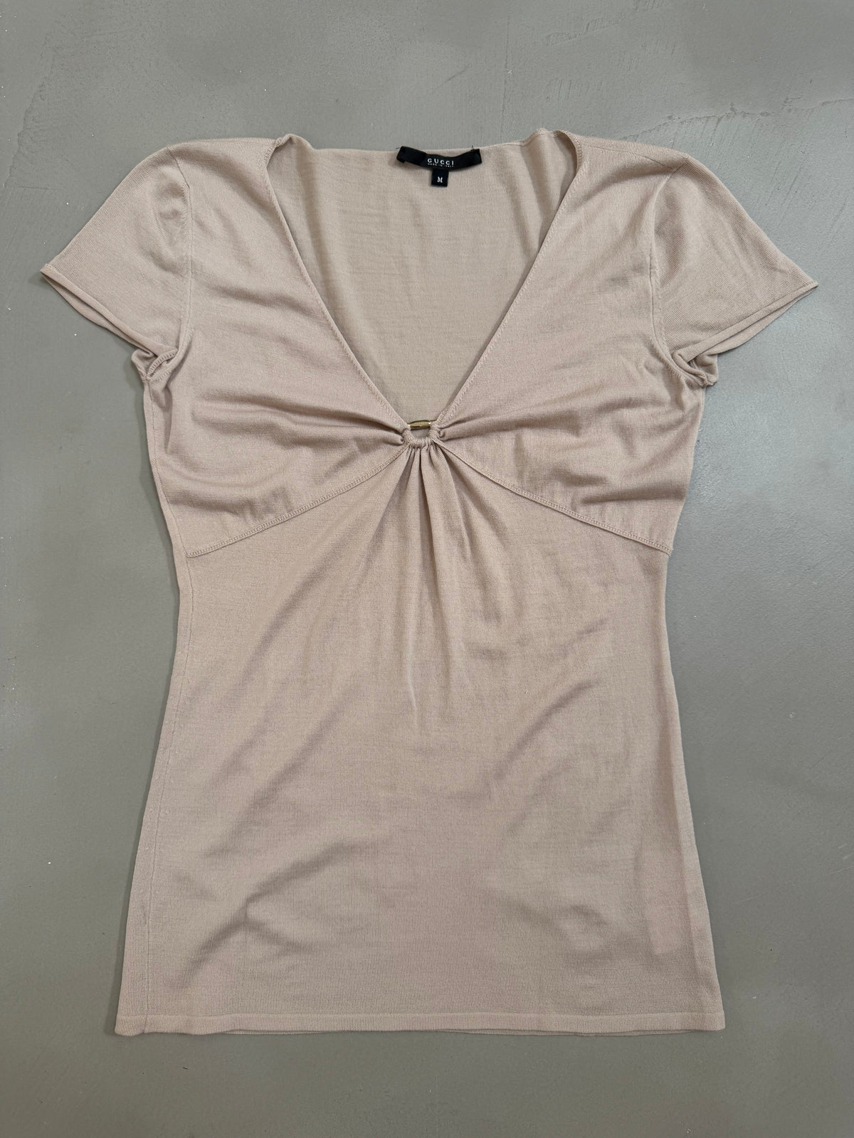 Gucci Tom Ford Metallic Wool Blend Gathered V-Neck Top - M