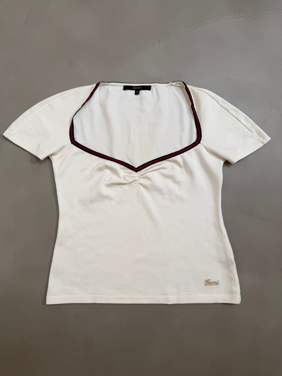 Gucci Web Stripe Trim Ruched V-Neck Top - M