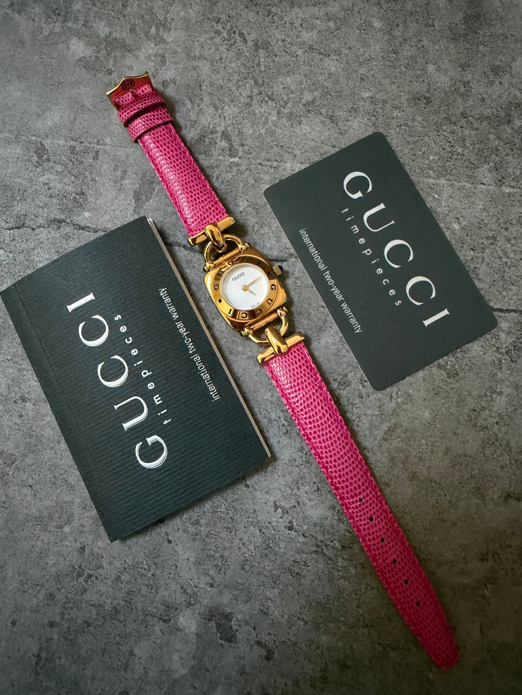 Gucci Vintage Gold 6300L Horsebit Pink Ladies Watch Set