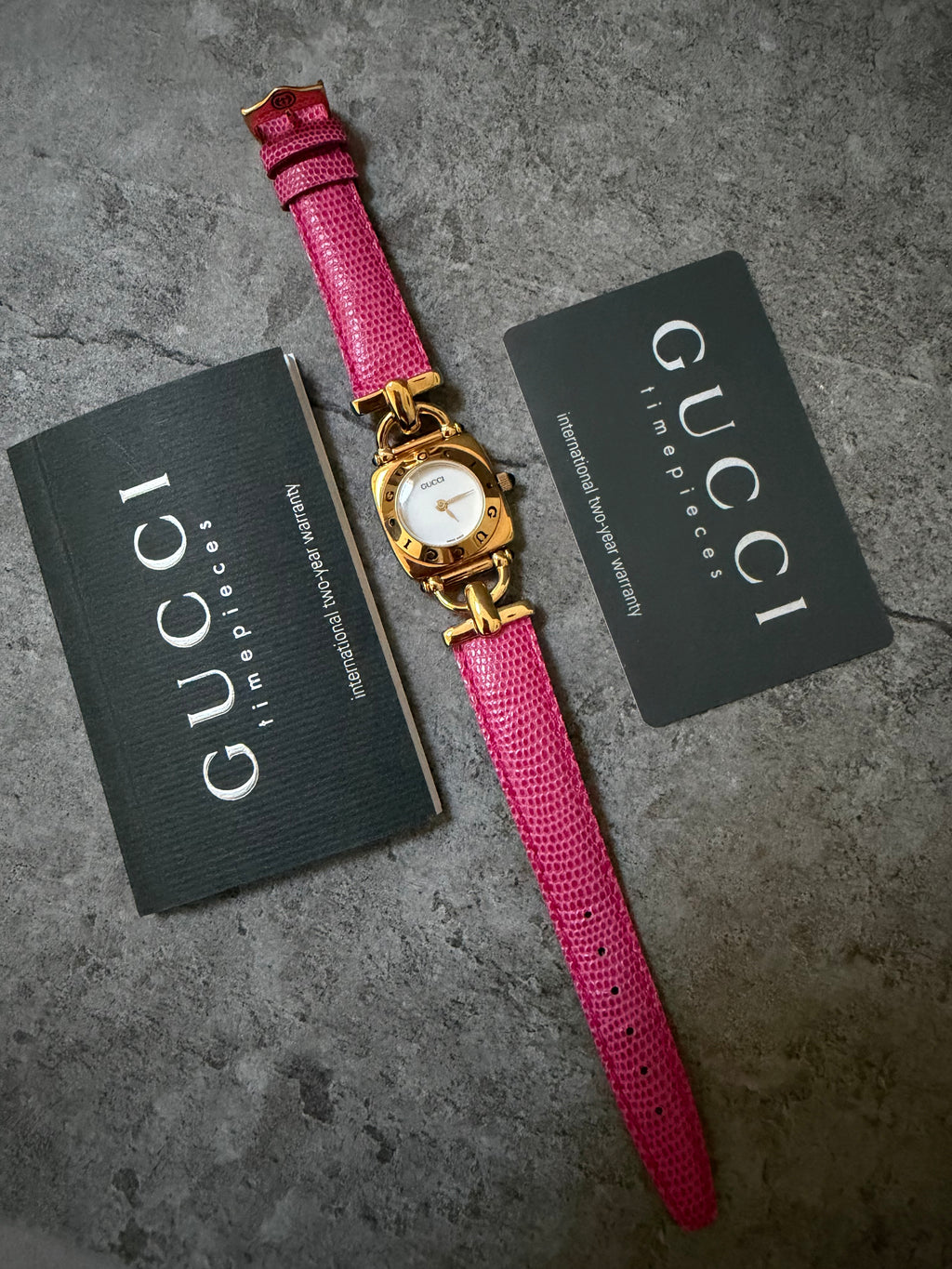 Gucci Vintage Gold 6300L Horsebit Pink Ladies Watch Set