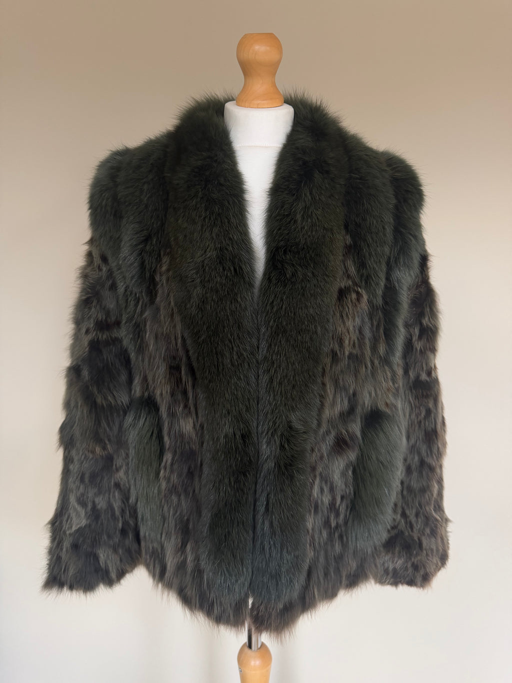 Vintage Forest Green Rabbit Fur Jacket Fox Fur Collar - M