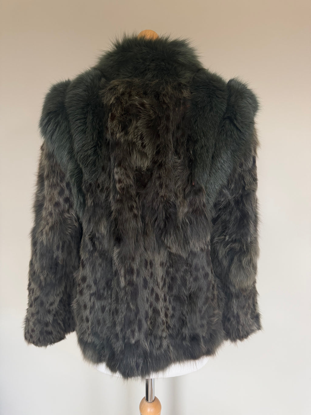 Vintage Forest Green Rabbit Fur Jacket Fox Fur Collar - M