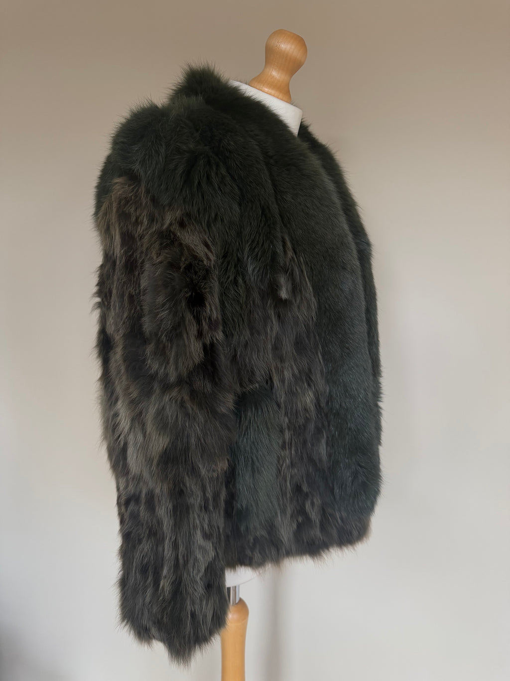Vintage Forest Green Rabbit Fur Jacket Fox Fur Collar - M