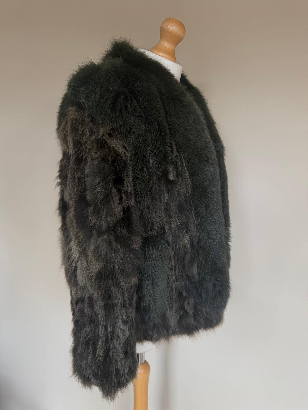 Vintage Forest Green Rabbit Fur Jacket Fox Fur Collar - M