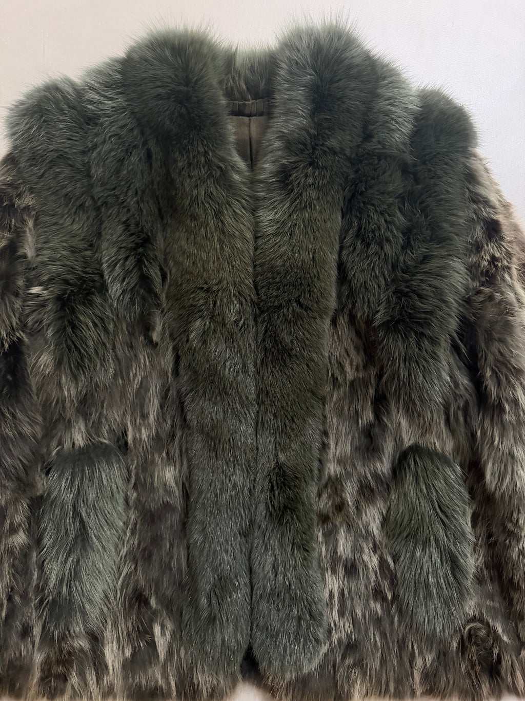 Vintage Forest Green Rabbit Fur Jacket Fox Fur Collar - M