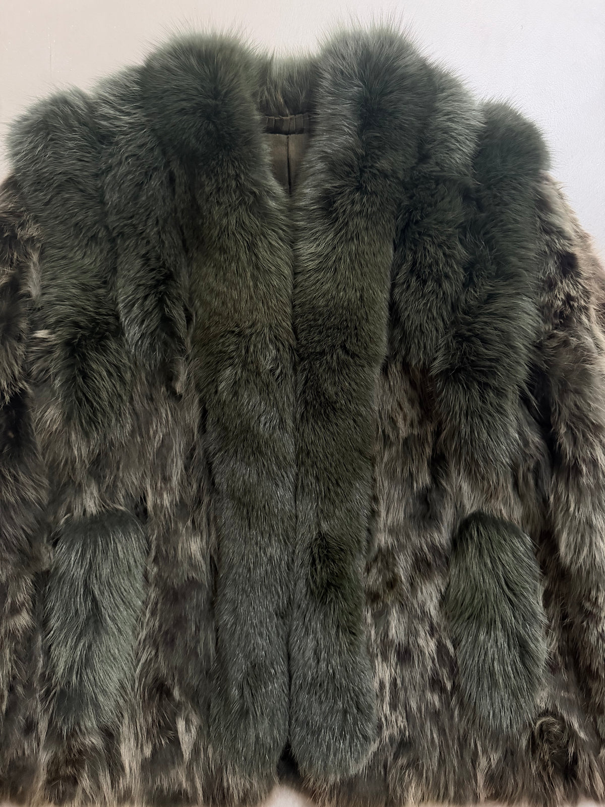 Vintage Forest Green Rabbit Fur Jacket Fox Fur Collar - M
