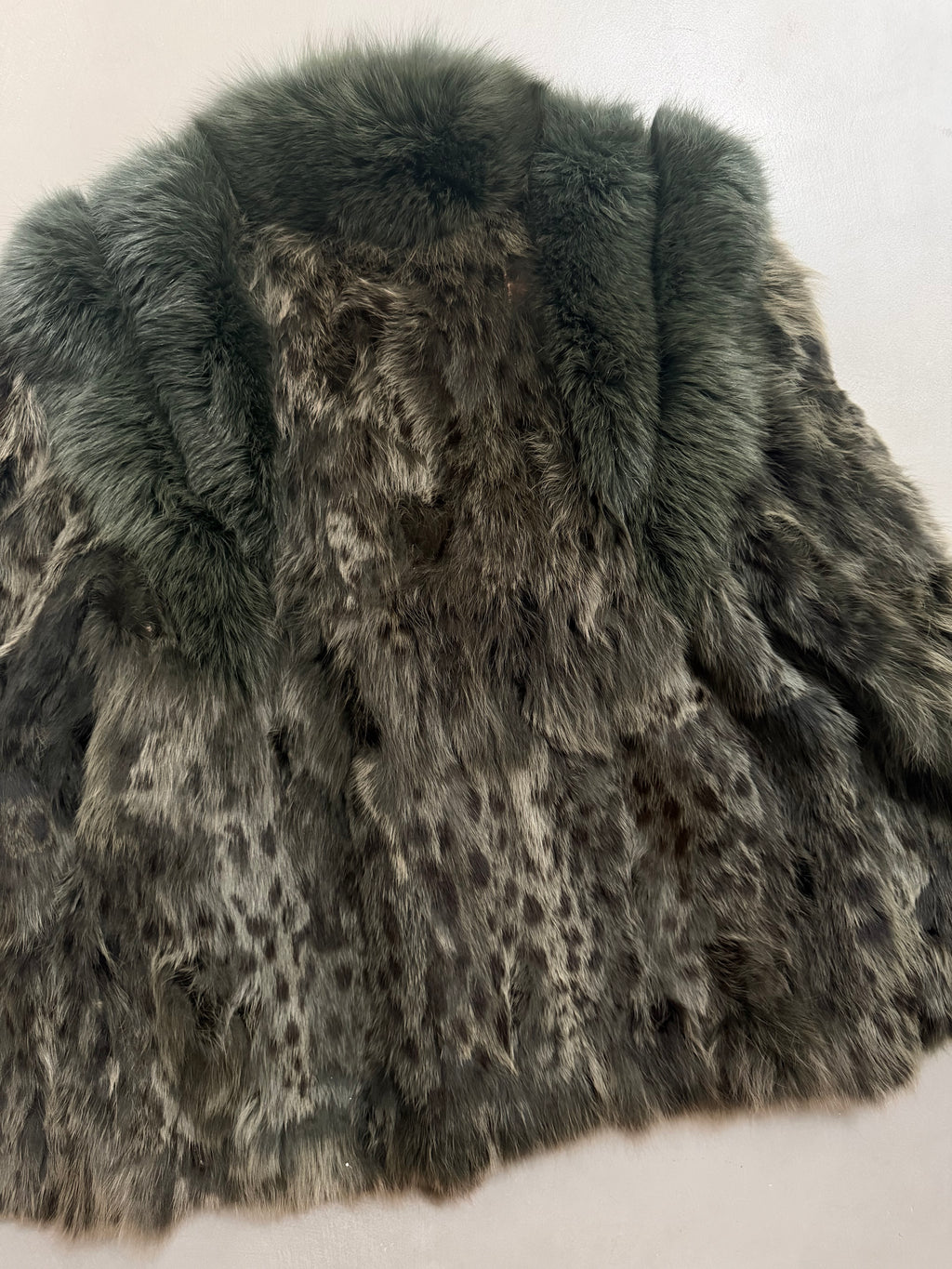 Vintage Forest Green Rabbit Fur Jacket Fox Fur Collar - M