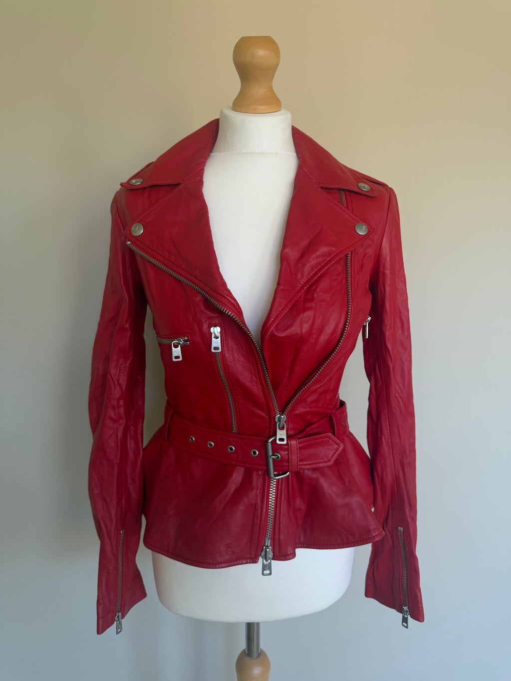 Alexander McQueen Red Leather Peplum Biker Jacket - McQ Runway Production Sample 2013 - XS
