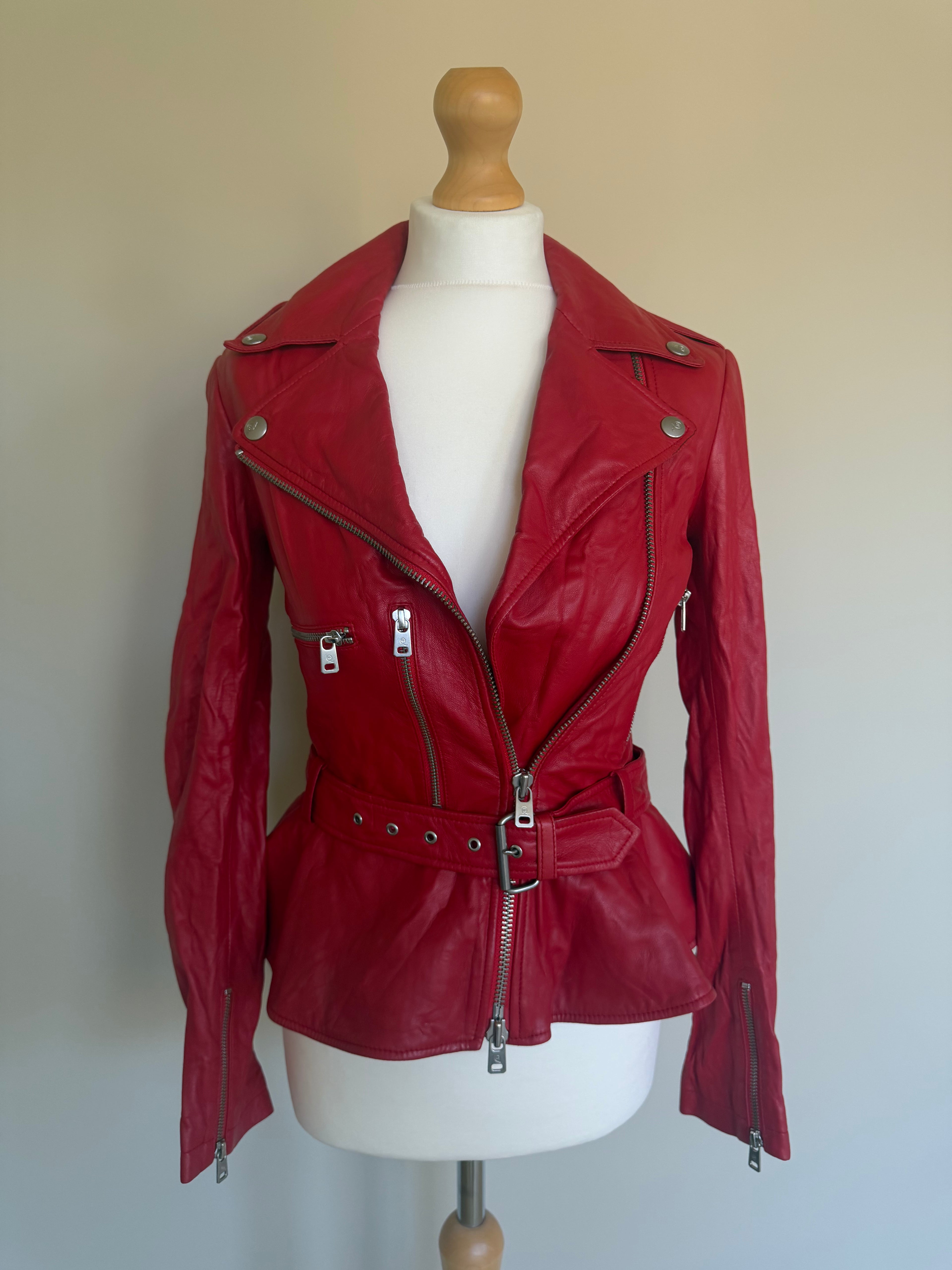 Alexander McQueen Red Leather Peplum Biker Jacket - McQ Runway Production Sample 2013 - XS