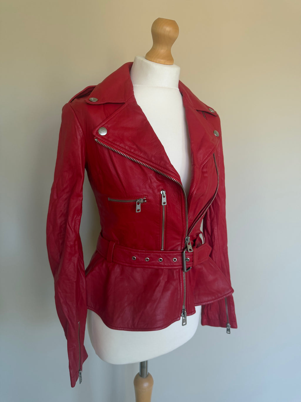 Alexander McQueen Red Leather Peplum Biker Jacket - McQ Runway Production Sample 2013 - XS