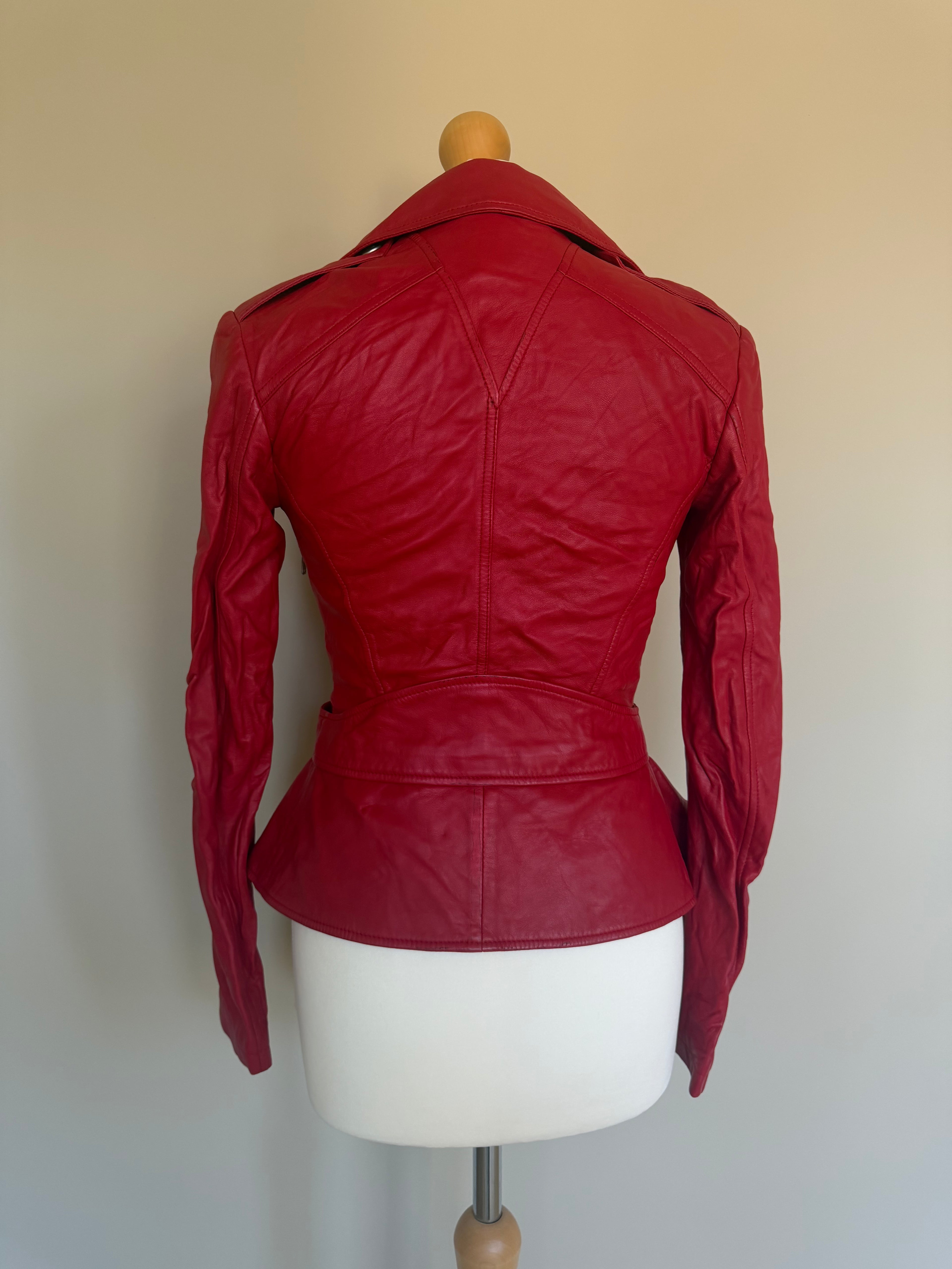 Alexander McQueen Red Leather Peplum Biker Jacket - McQ Runway Production Sample 2013 - XS