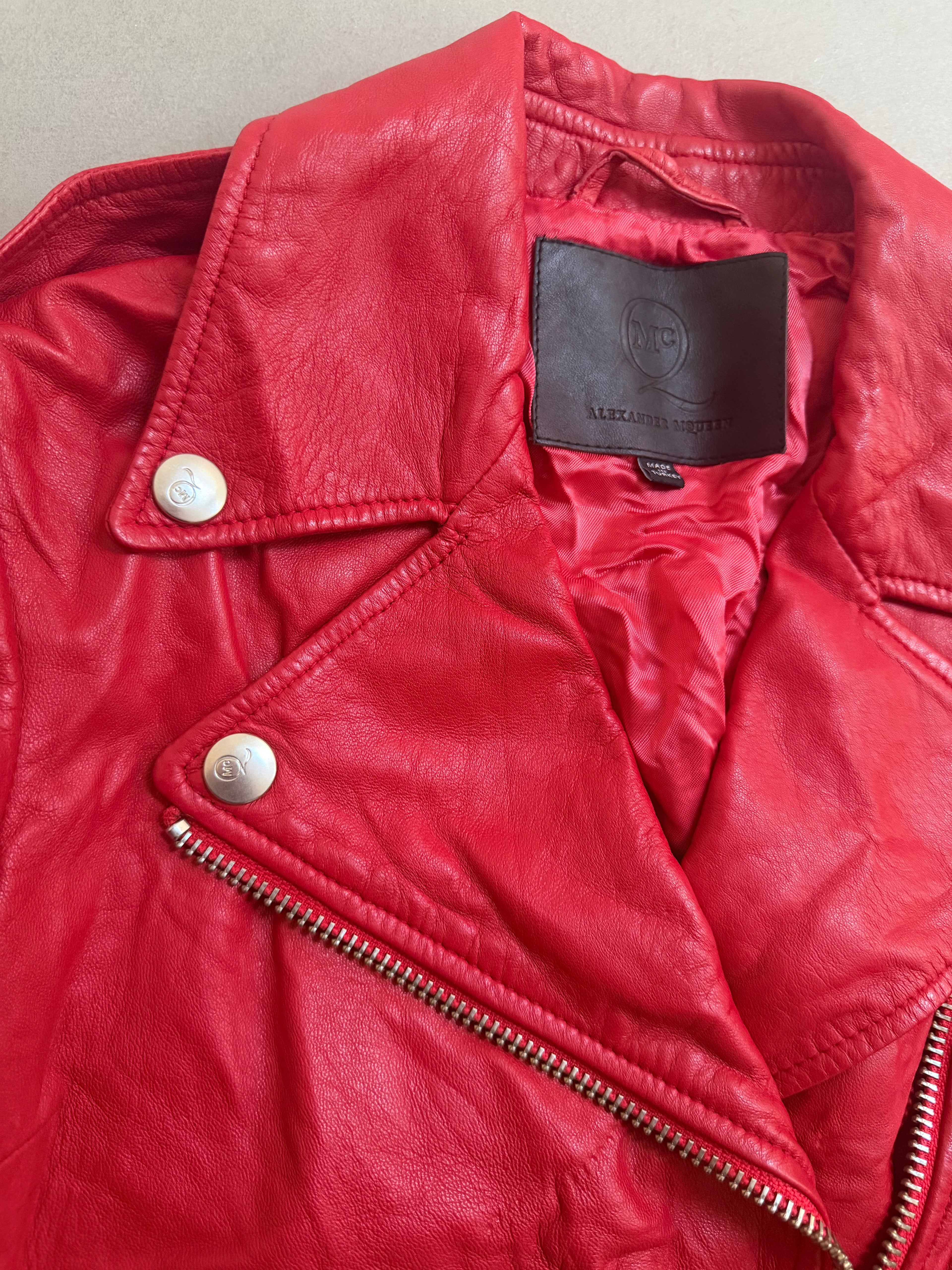 Alexander McQueen Red Leather Peplum Biker Jacket - McQ Runway Production Sample 2013 - XS
