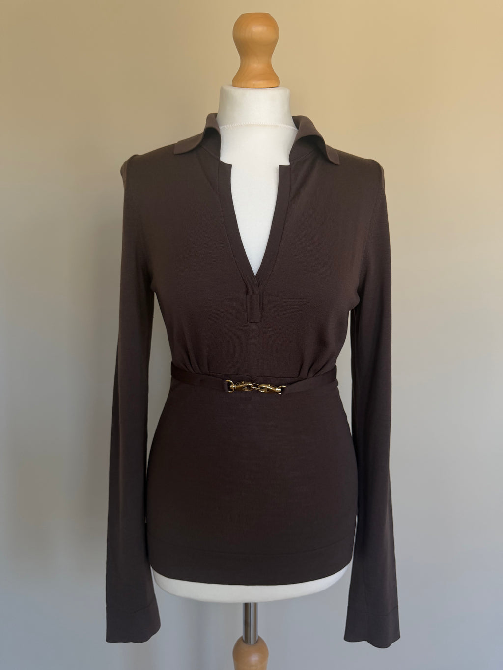 Gucci FW2006 Brown Fine Wool V-Neck Top with Gold Horsebit Clasp Belt - M