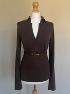 Gucci FW2006 Brown Fine Wool V-Neck Top with Gold Horsebit Clasp Belt - M