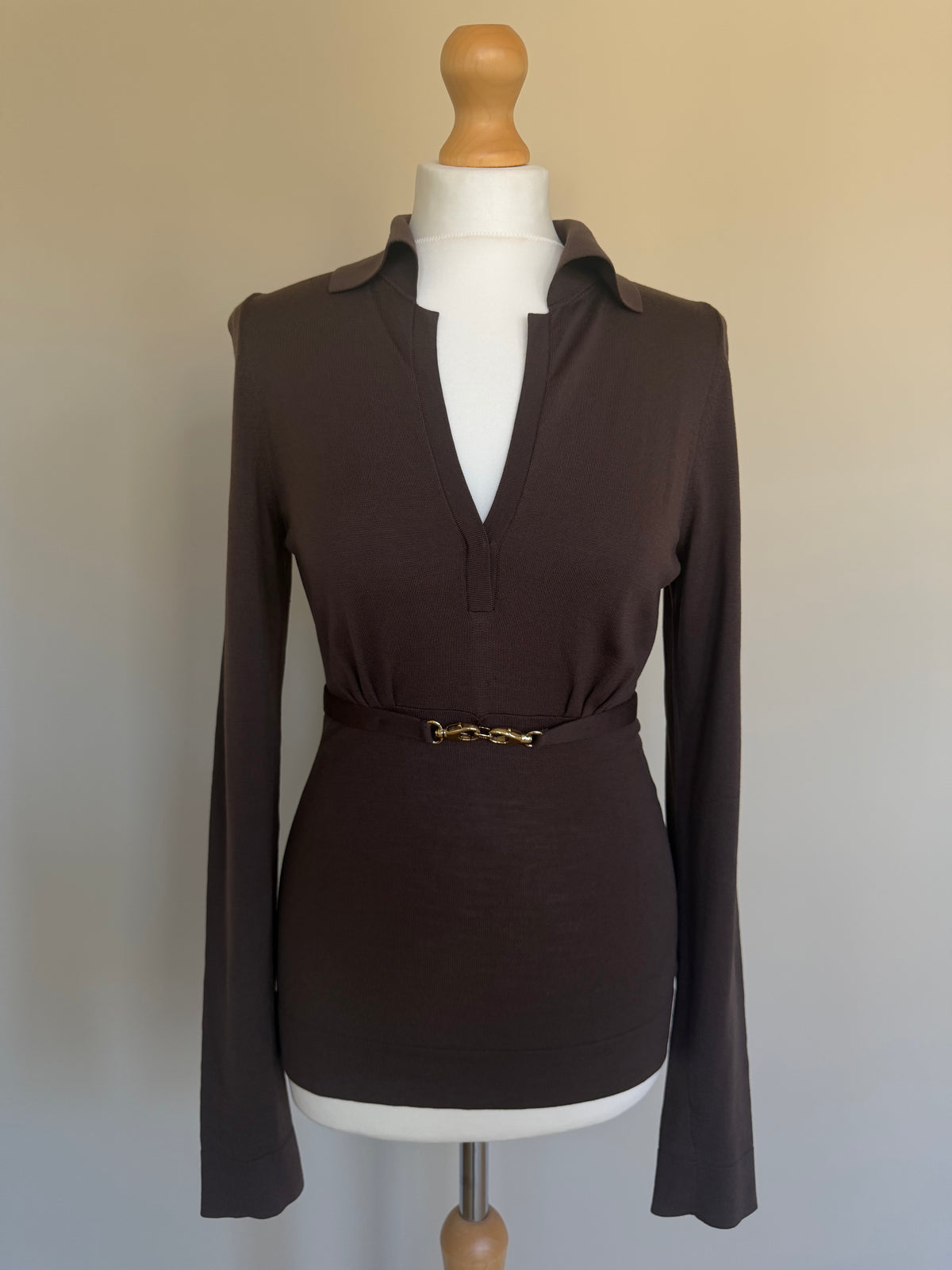 Gucci FW2006 Brown Fine Wool V-Neck Top with Gold Horsebit Clasp Belt - M