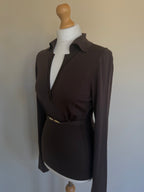 Gucci FW2006 Brown Fine Wool V-Neck Top with Gold Horsebit Clasp Belt - M