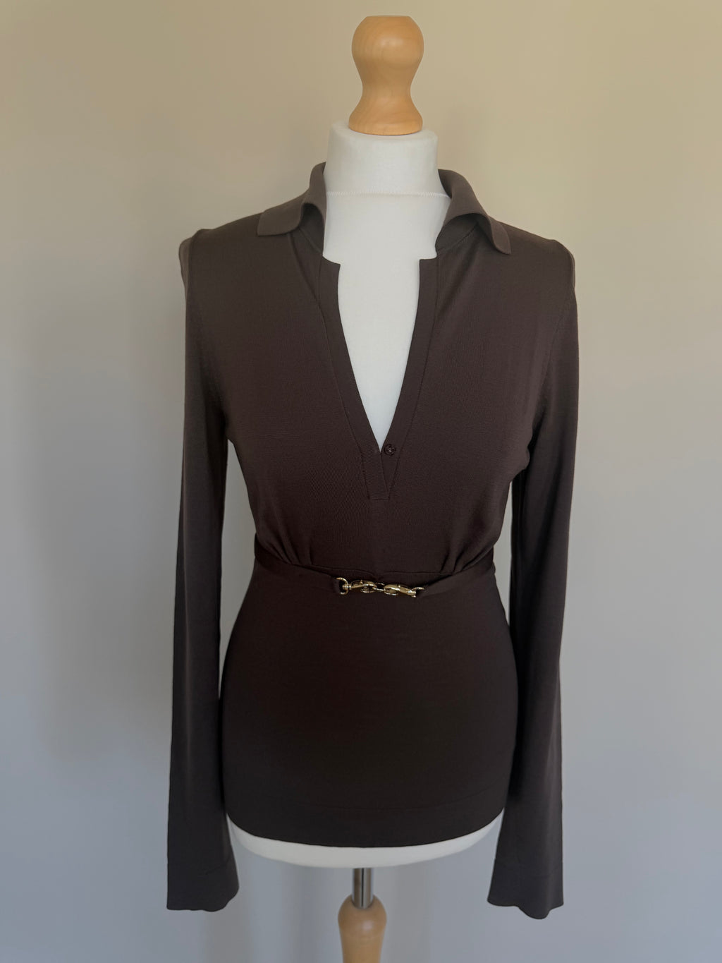 Gucci FW2006 Brown Fine Wool V-Neck Top with Gold Horsebit Clasp Belt - M