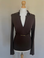 Gucci FW2006 Brown Fine Wool V-Neck Top with Gold Horsebit Clasp Belt - M