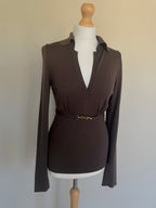 Gucci FW2006 Brown Fine Wool V-Neck Top with Gold Horsebit Clasp Belt - M