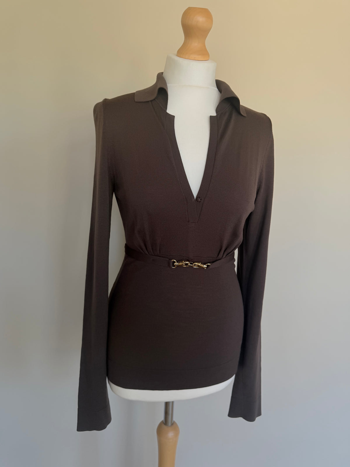 Gucci FW2006 Brown Fine Wool V-Neck Top with Gold Horsebit Clasp Belt - M