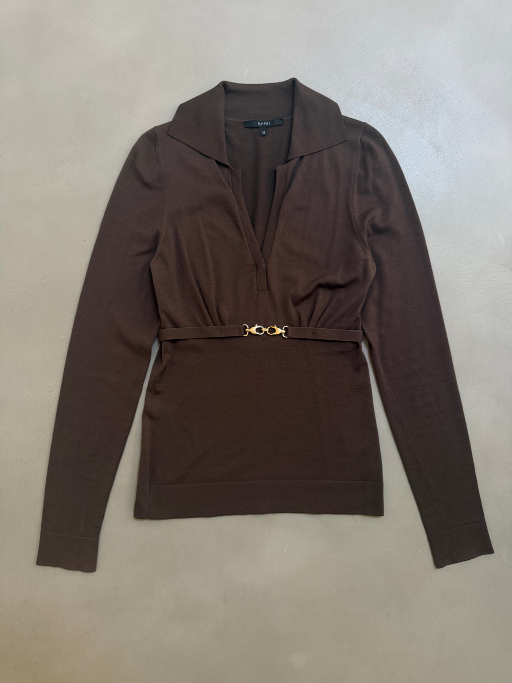 Gucci FW2006 Brown Fine Wool V-Neck Top with Gold Horsebit Clasp Belt - M