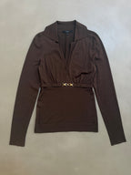 Gucci FW2006 Brown Fine Wool V-Neck Top with Gold Horsebit Clasp Belt - M