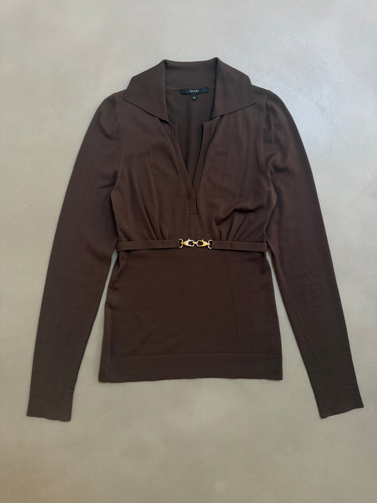 Gucci FW2006 Brown Fine Wool V-Neck Top with Gold Horsebit Clasp Belt - M