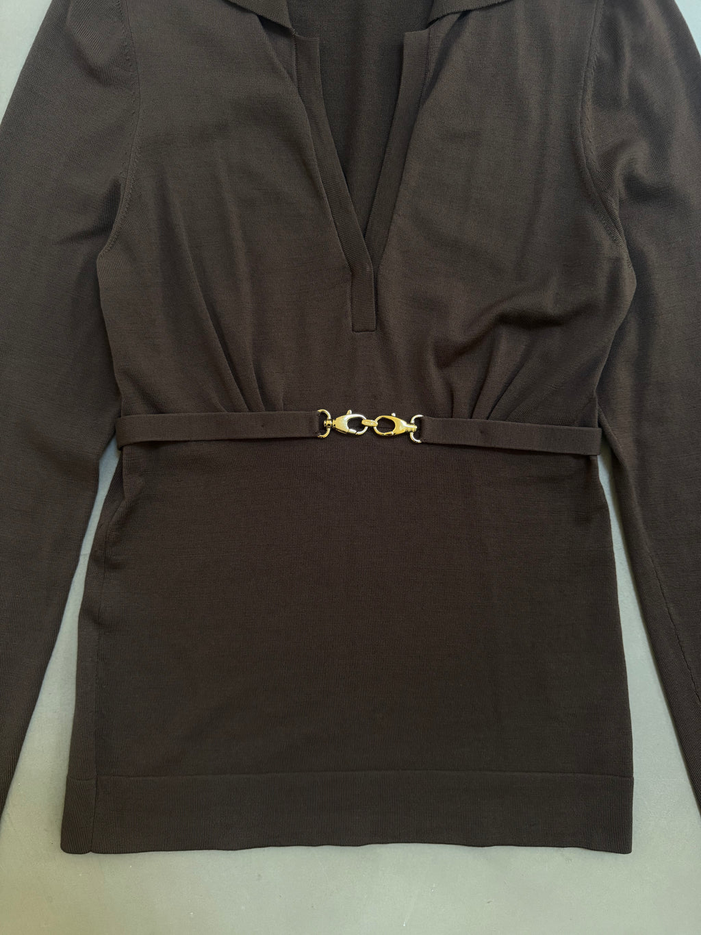 Gucci FW2006 Brown Fine Wool V-Neck Top with Gold Horsebit Clasp Belt - M