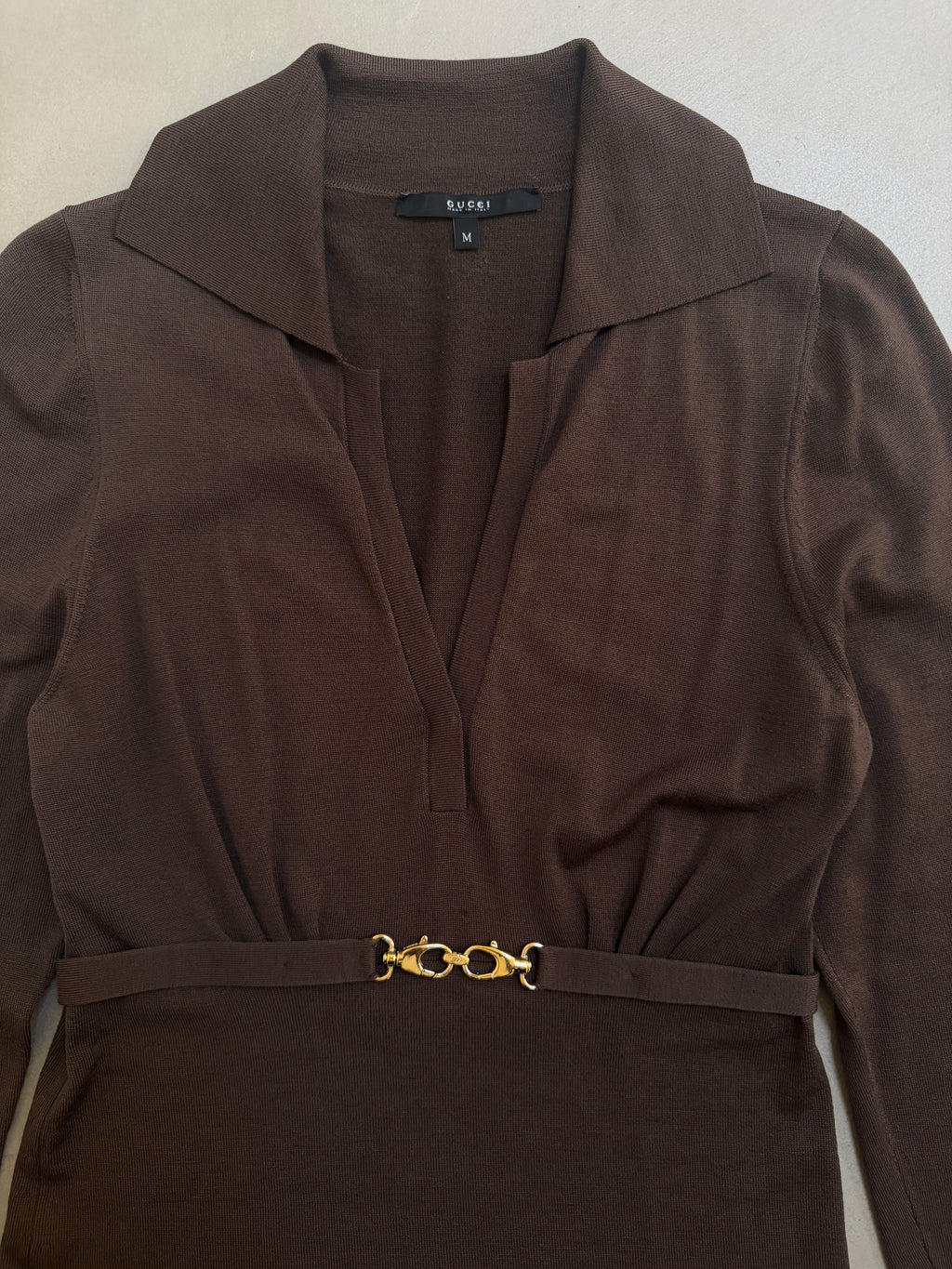 Gucci FW2006 Brown Fine Wool V-Neck Top with Gold Horsebit Clasp Belt - M