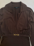 Gucci FW2006 Brown Fine Wool V-Neck Top with Gold Horsebit Clasp Belt - M