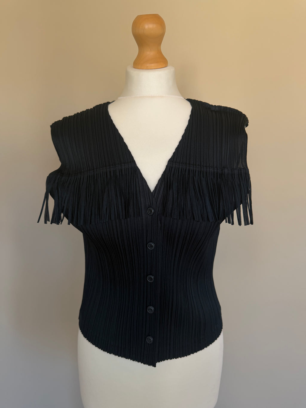Issey Miyake Pleats Please SS99 Black Fringe Yoke Button Top - M (3)