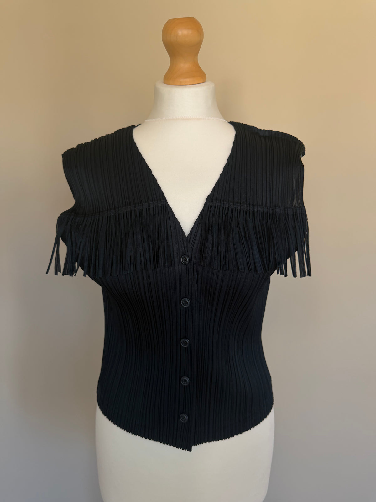 Issey Miyake Pleats Please SS99 Black Fringe Yoke Button Top - M (3)